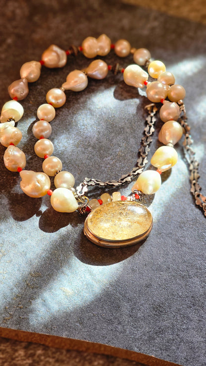 Fresh water Baroque pearls Rutilated quartz pendant necklace