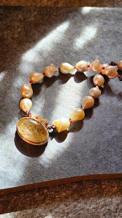 Fresh water Baroque pearls Rutilated quartz pendant necklace