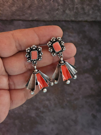 Coral and enamel silver fusion jhumkas