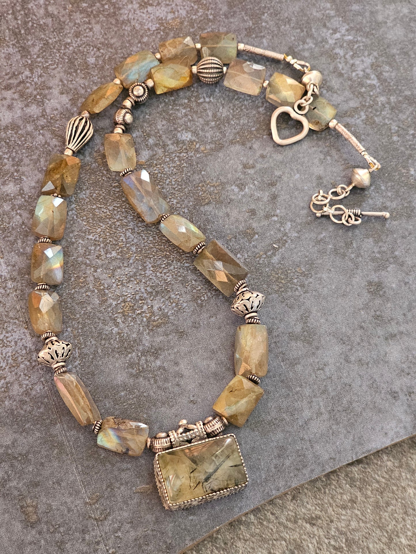Phrenite moss Agate and labrodrite necklace