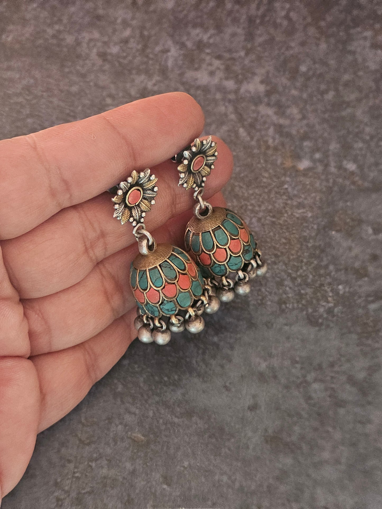 Turquoise and Coral fusion silver jhumkas