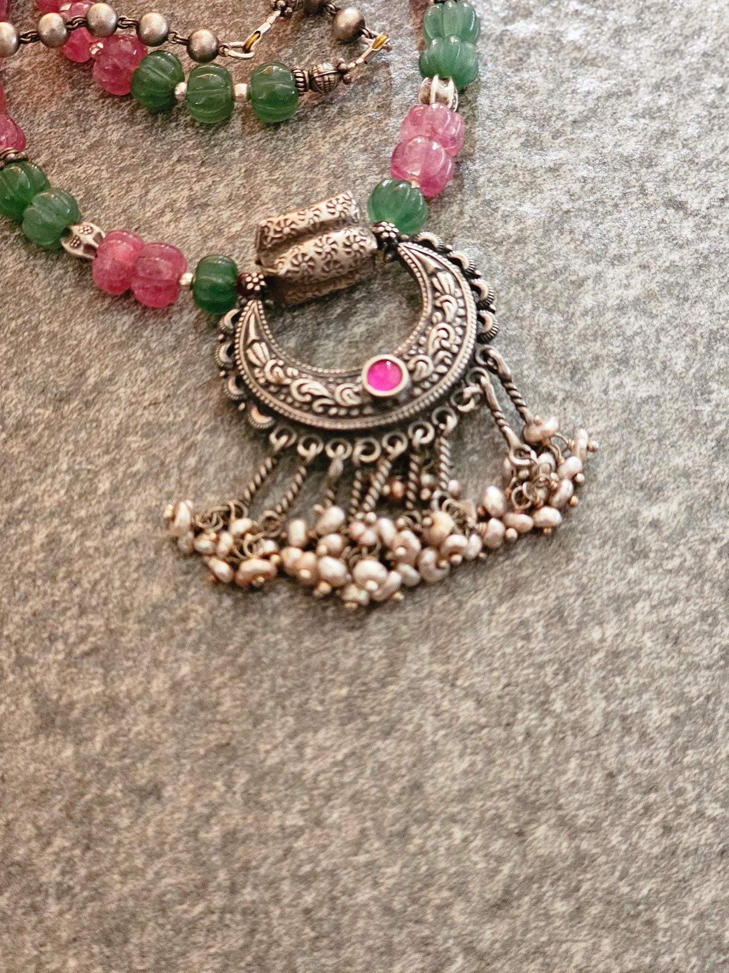 Chaandbali Pendant with lavender jade and green strawberry quartz