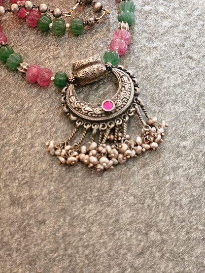 Chaandbali Pendant with lavender jade and green strawberry quartz