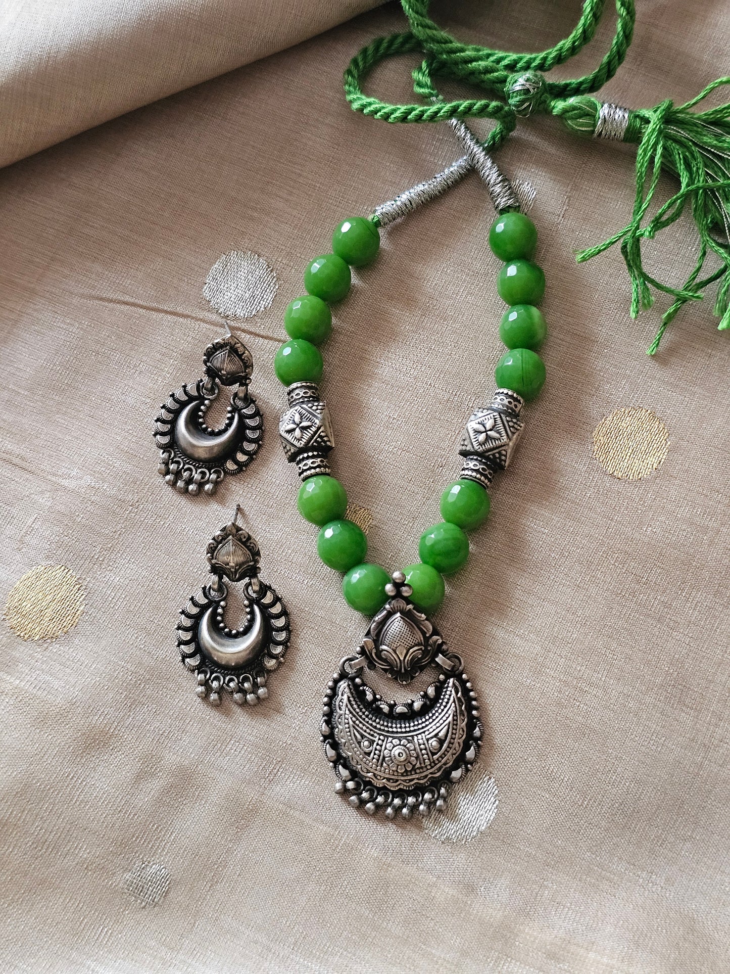 Navya Silver Chaandbali Pendant Necklace Set | 92.5 Silver Short Necklace with Faceted Green round agates & Earrings