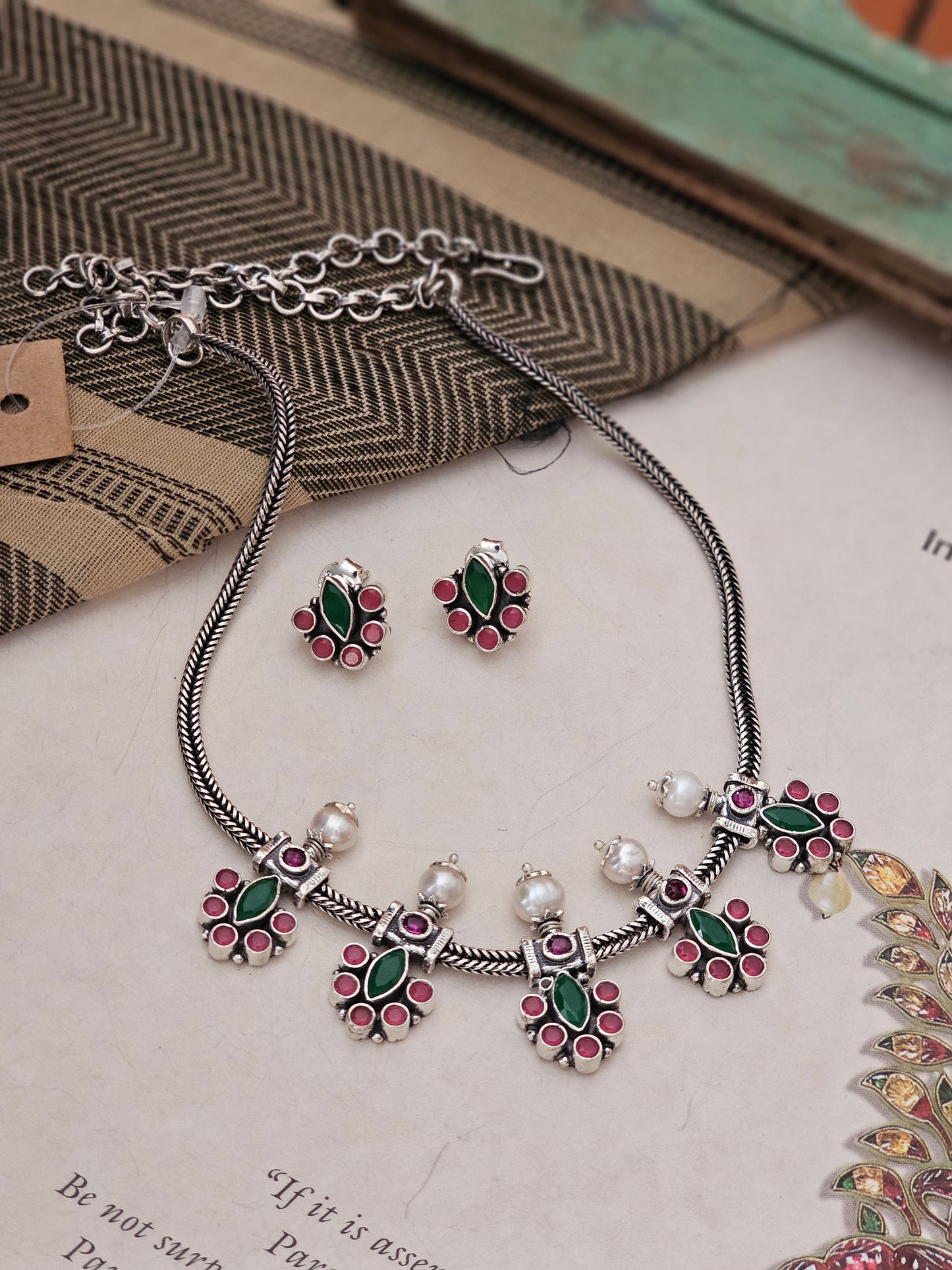 Shopvasuki | Handcrafted 92.5 Silver Jewelry Online | Red garnet and green onyx necklace set