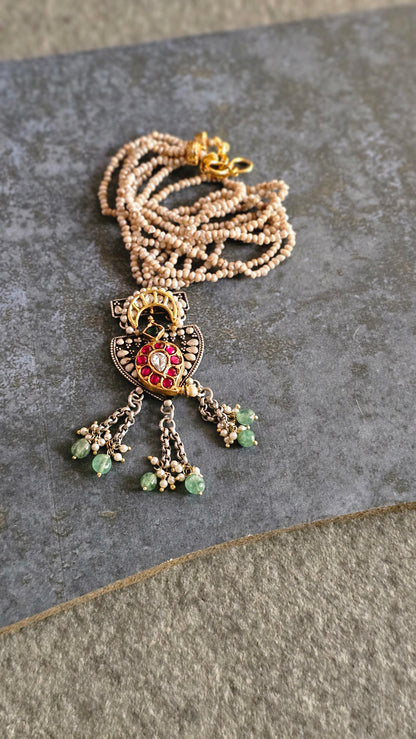 Antique Gold polish fresh water pearls kundan mango two tone pendant necklace