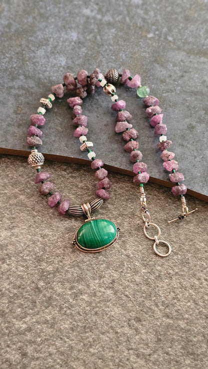 Rough uncut Ruby necklace with Malachite pendant
