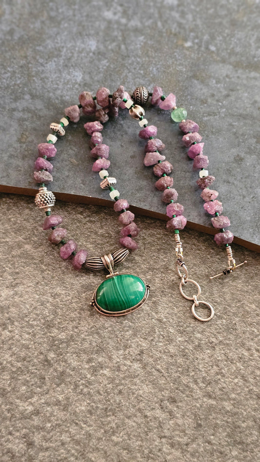 Rough uncut Ruby necklace with Malachite pendant