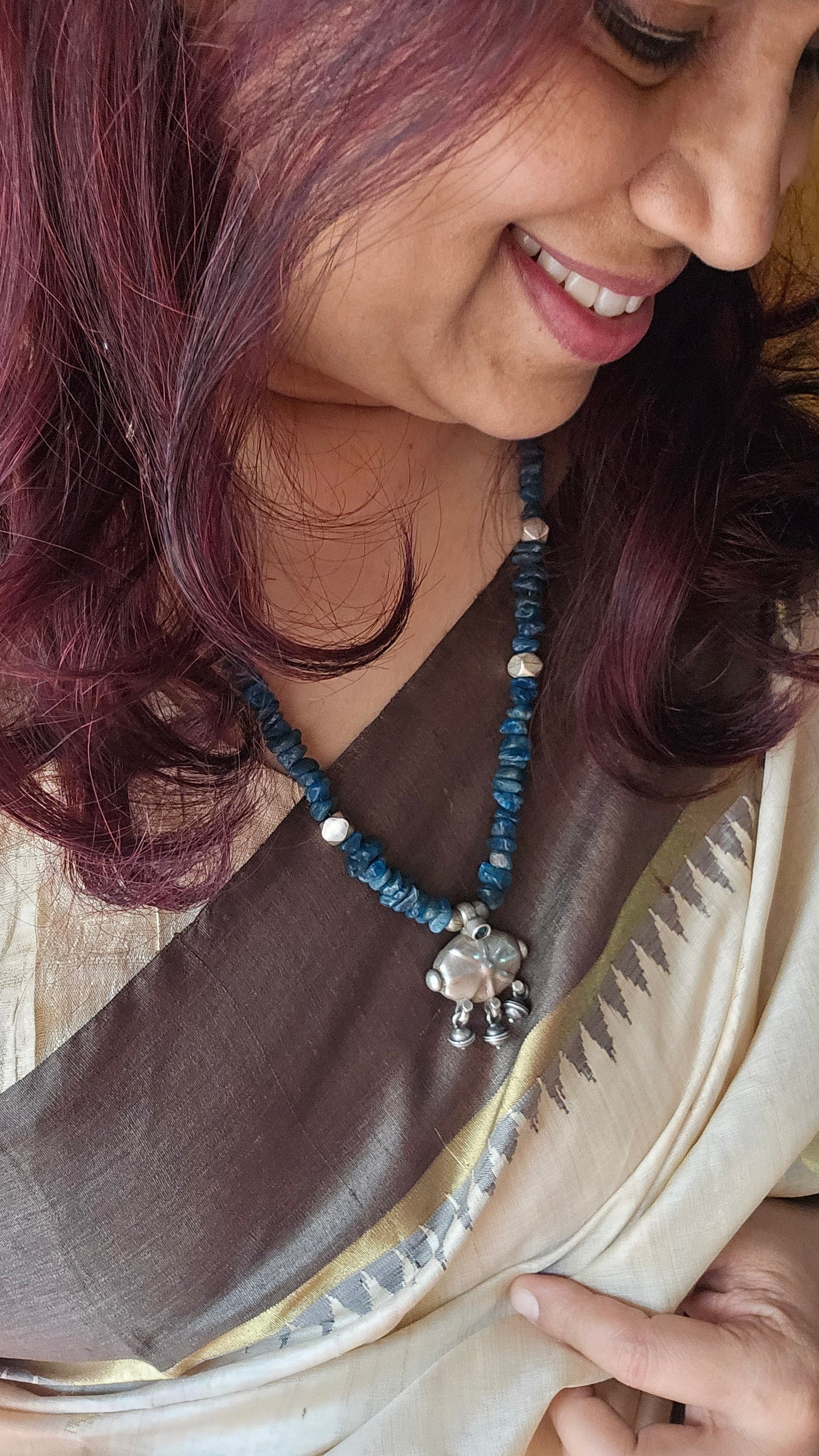 Apatite Blue Necklace with Vintage Silver Pendant & Adjustable Tassel
