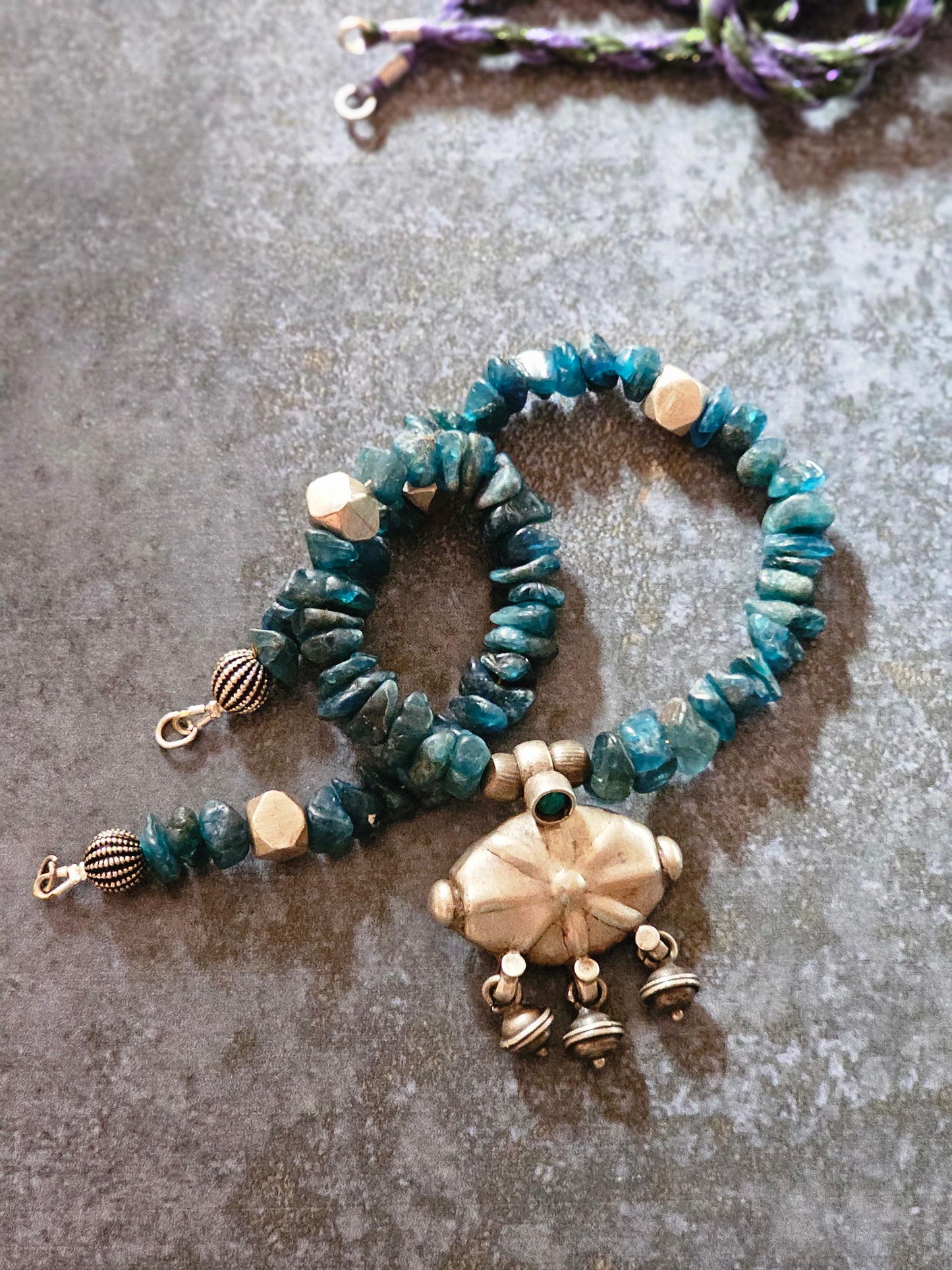 Apatite Blue Necklace with Vintage Silver Pendant & Adjustable Tassel