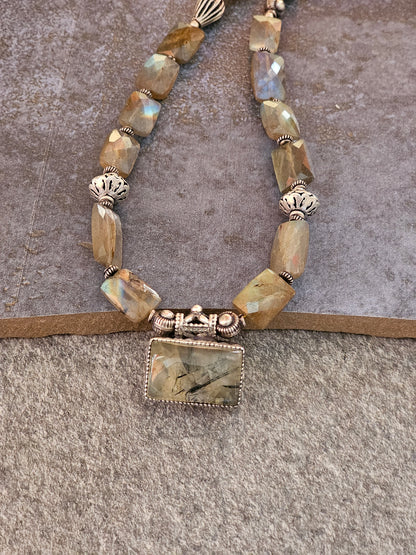 Phrenite moss Agate and labrodrite necklace
