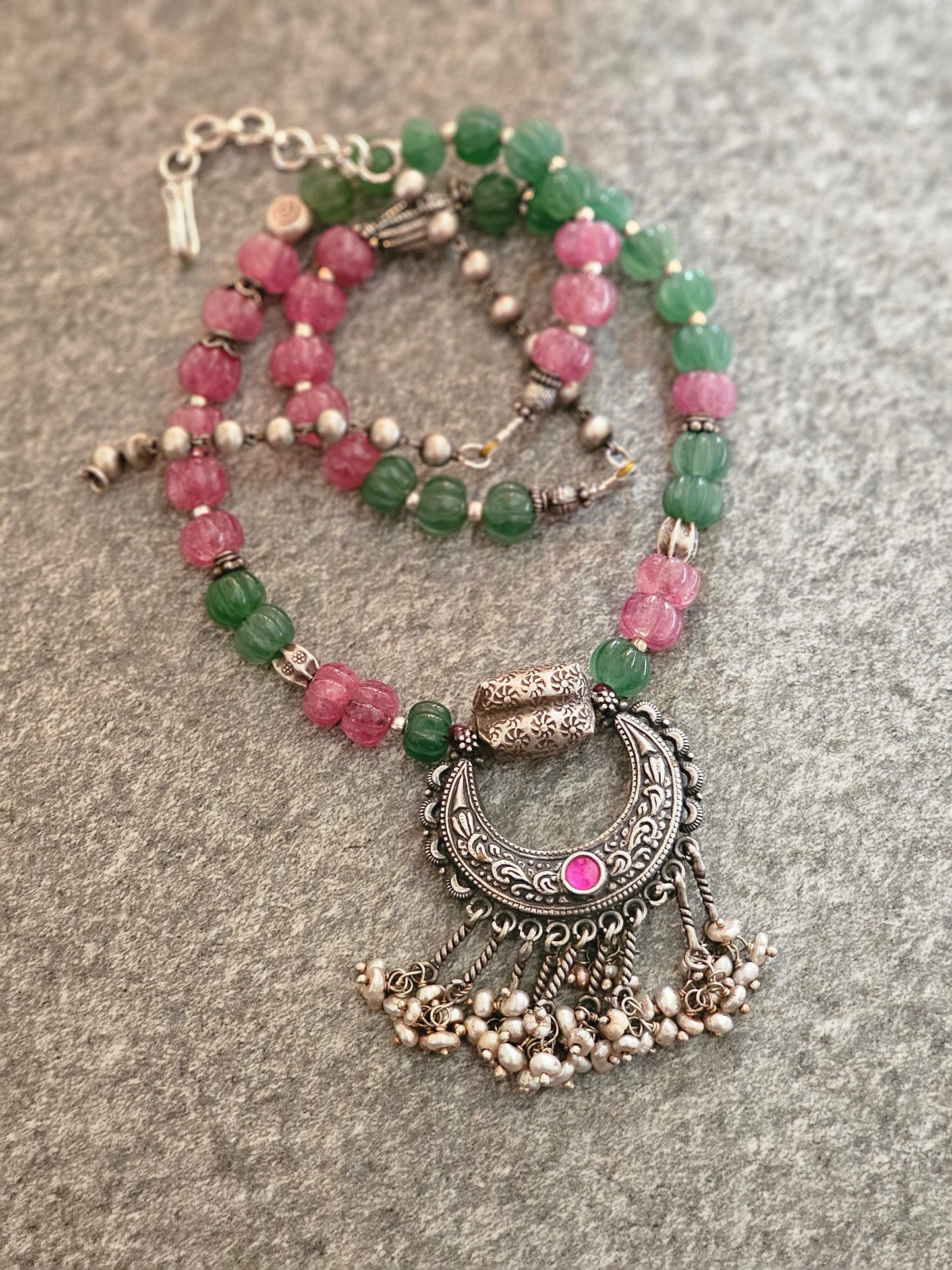 Chaandbali Pendant with lavender jade and green strawberry quartz