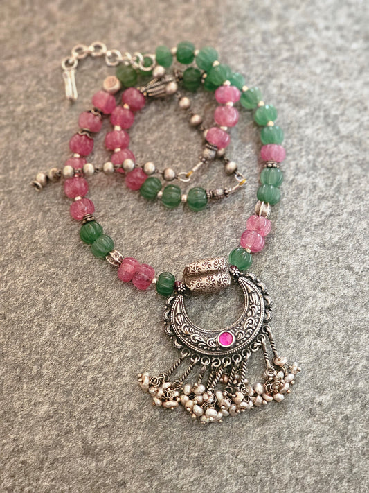 Chaandbali Pendant with lavender jade and green strawberry quartz