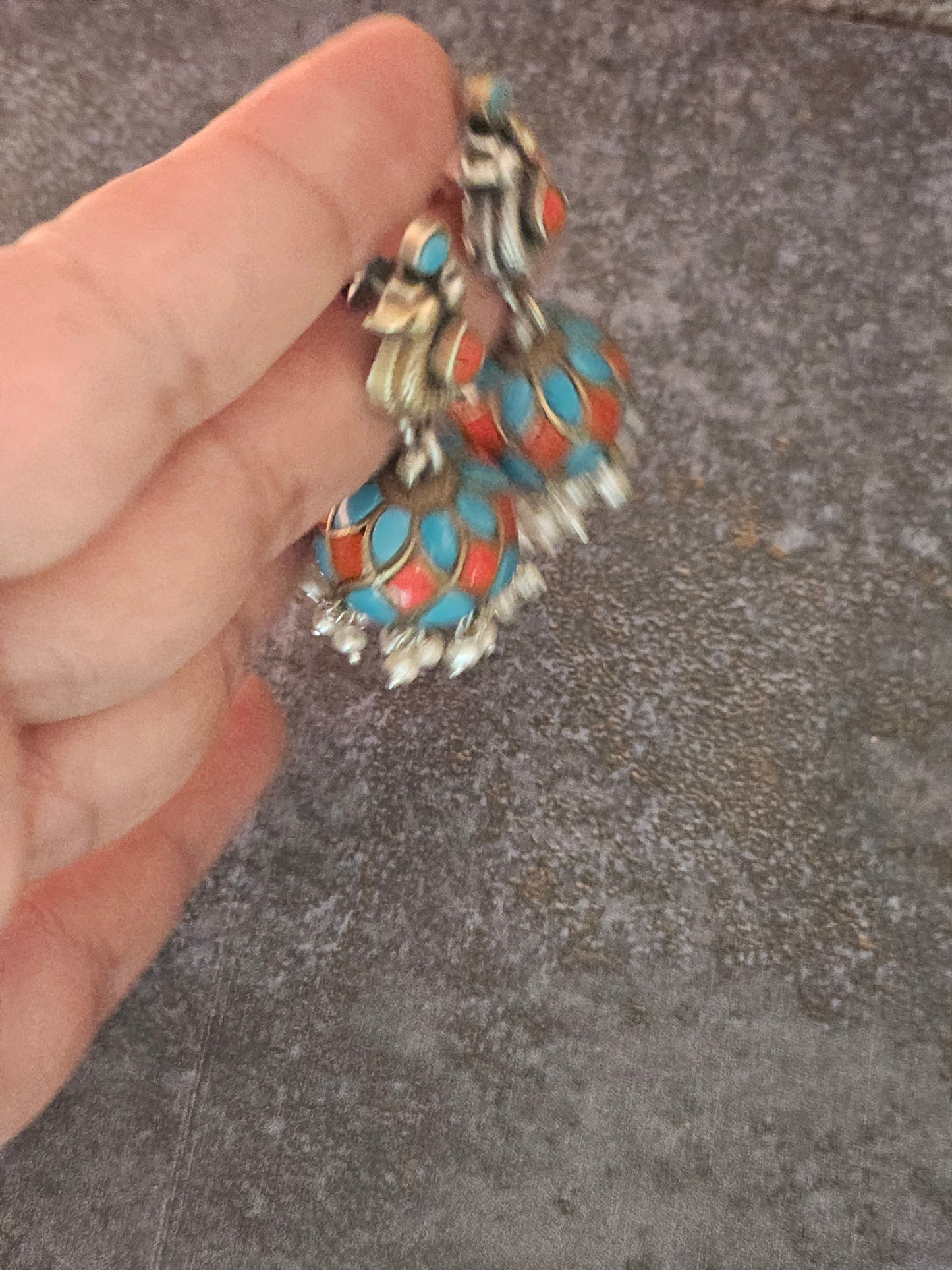 Turquoise and coral silver fusion jhumkas