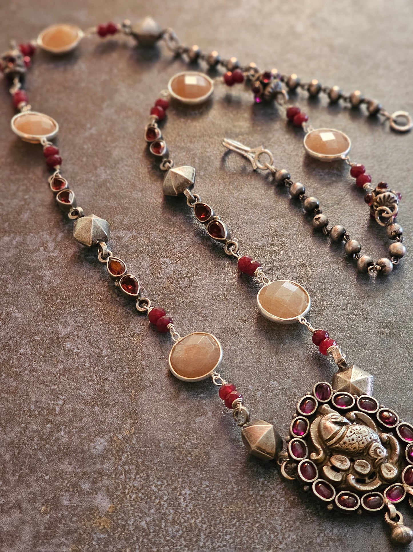 Pink jade, silver nakash necklace