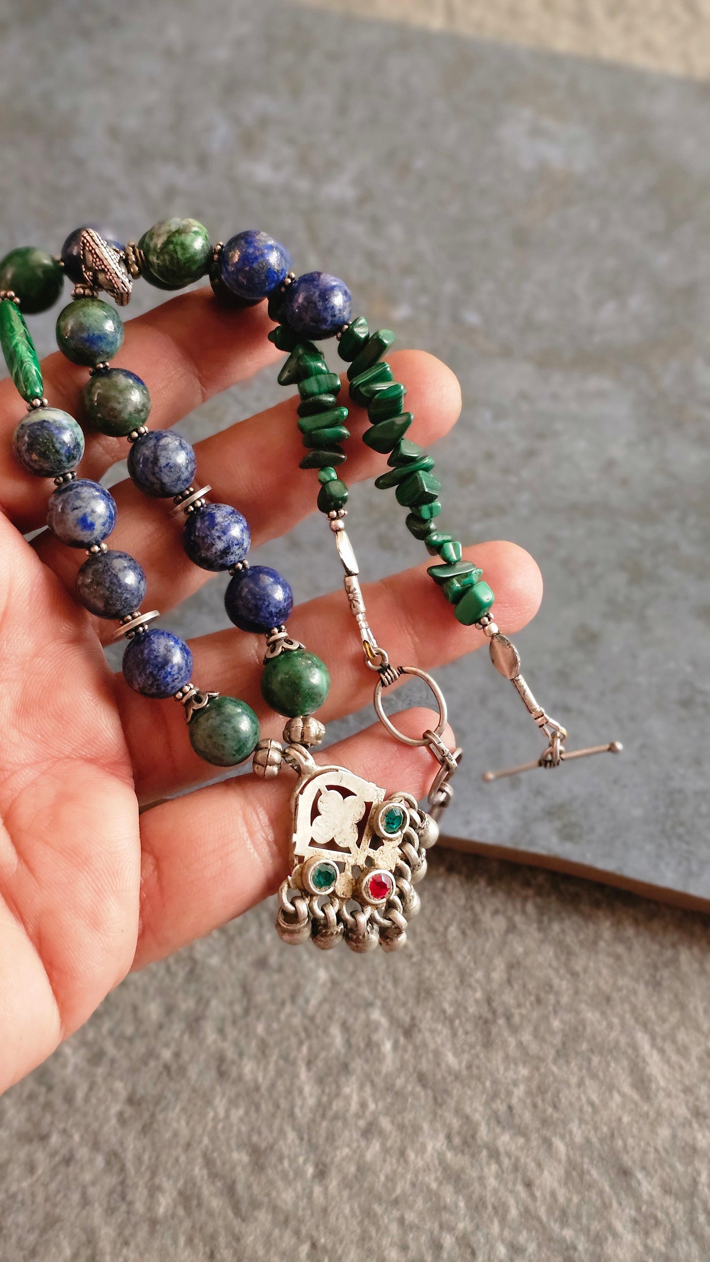Azurite Malachite gemstone necklace vintage pendant