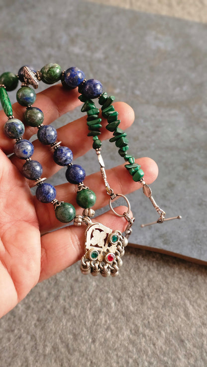 Azurite Malachite gemstone necklace vintage pendant