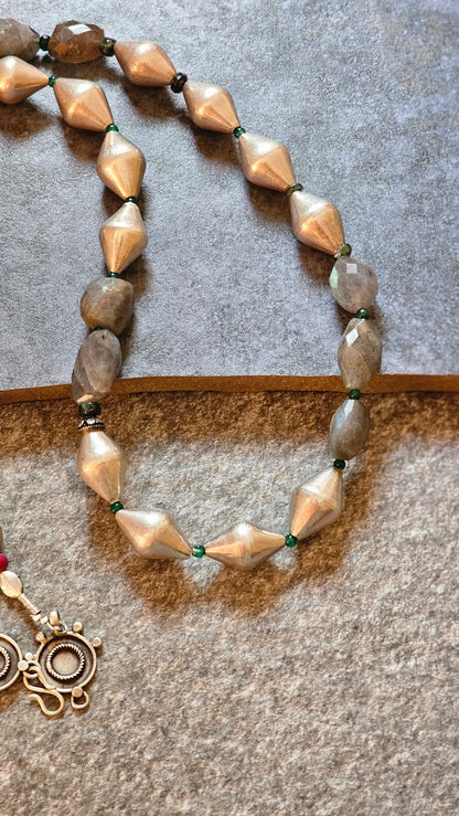Fire Labradorite with silver dholki beads necklace