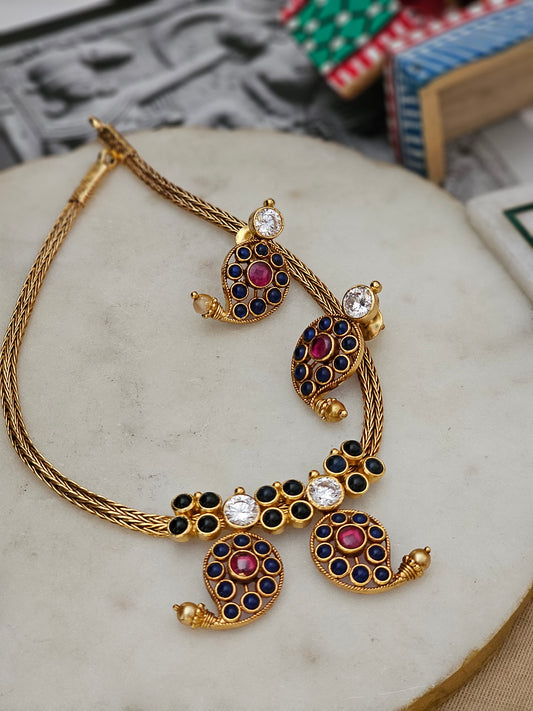 Manga Malai Antique Gold Polish Silver Adigai Necklace Set – 92.5 Handcrafted Heritage Jewelry