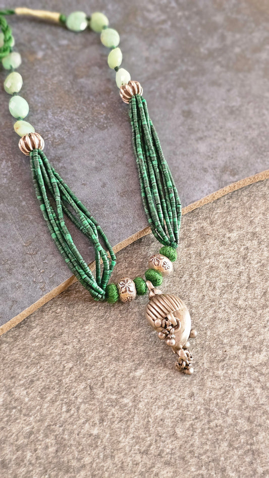 Vintage Mango Ghungroo Necklace in African Malachite & Chrysoprase Silver Beads