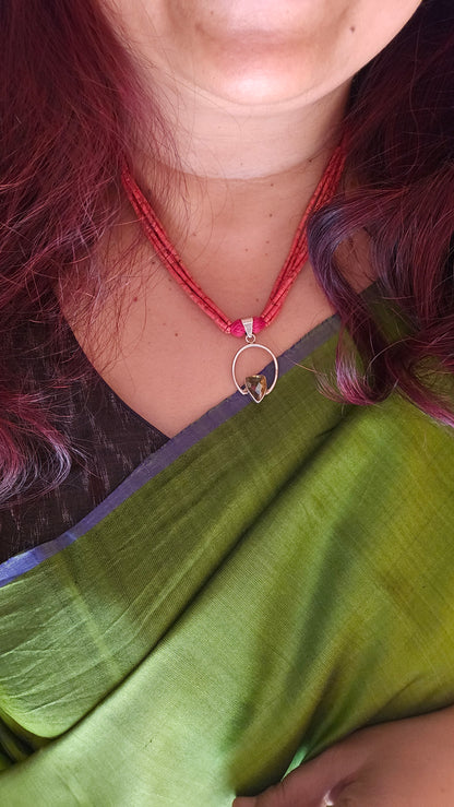 Red coral strings with yellow topaz