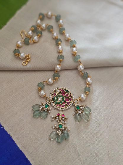 Nizam-Inspired Kundan Pendant Necklace in 92.5 Silver with Strawberry Quartz & Swarovski Pearls