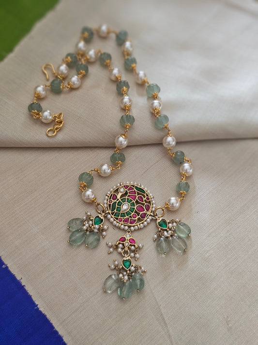 Nizam-Inspired Kundan Pendant Necklace in 92.5 Silver with Strawberry Quartz & Swarovski Pearls