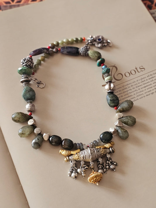 Handcrafted Labradorite Necklace with Two-Tone Taveez Pendant | 92.5 Silver by Shopvasuki