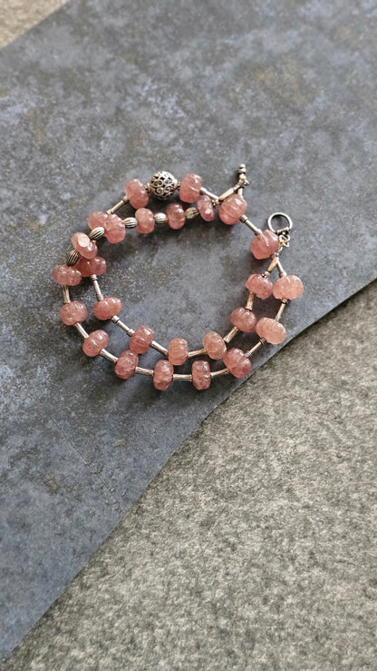 Strawberry quartz in peach color necklace with silver tubes