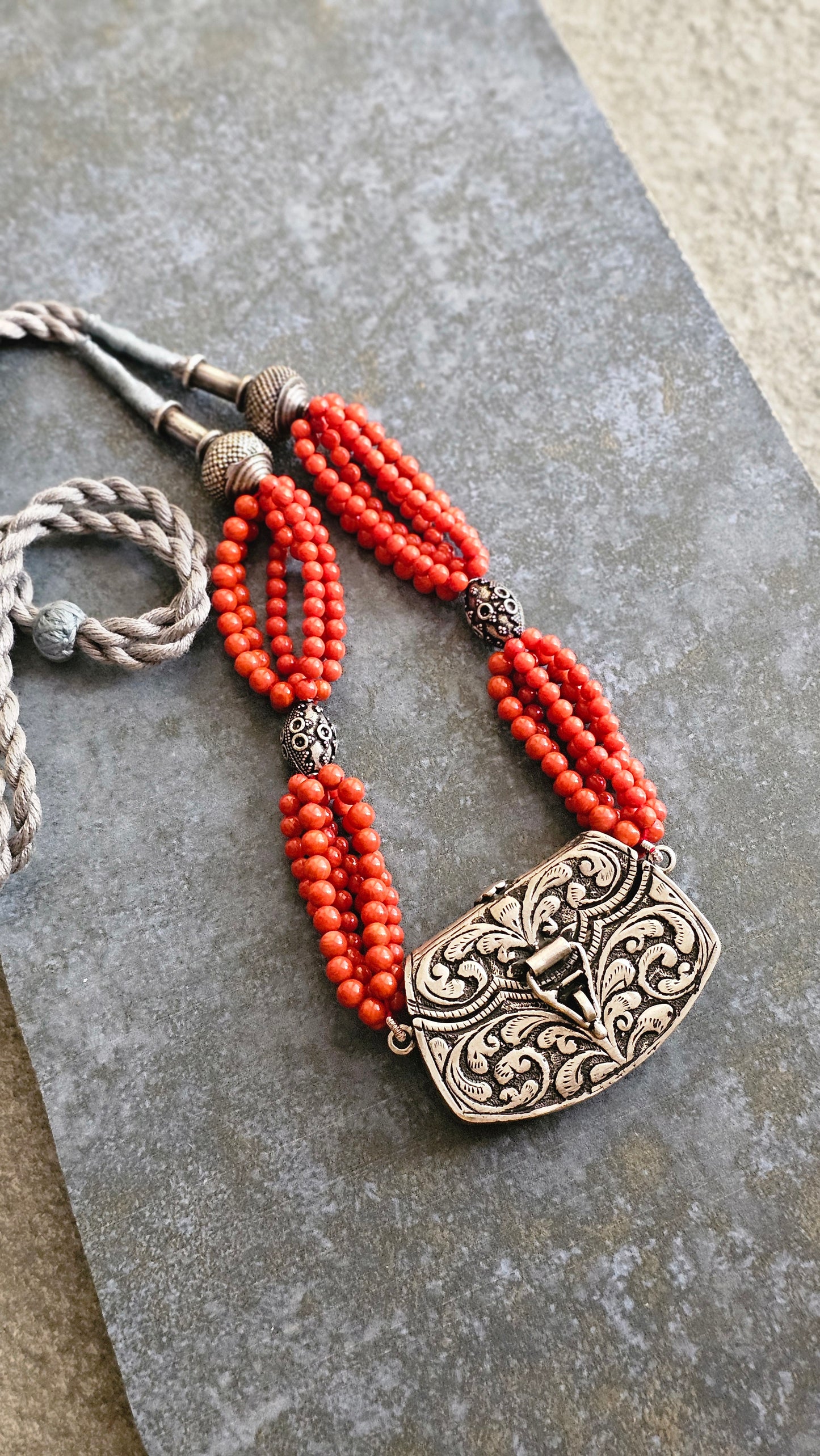 Italian Coral necklace chitai silver pendant