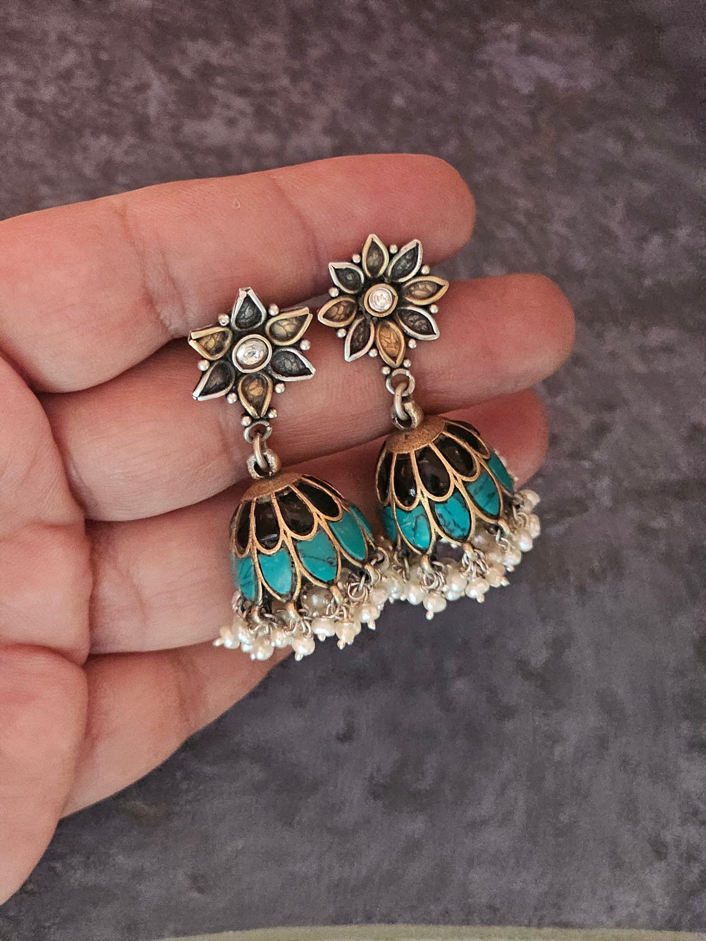 Turquoise and lapis lazuli fusion silver jhumkas