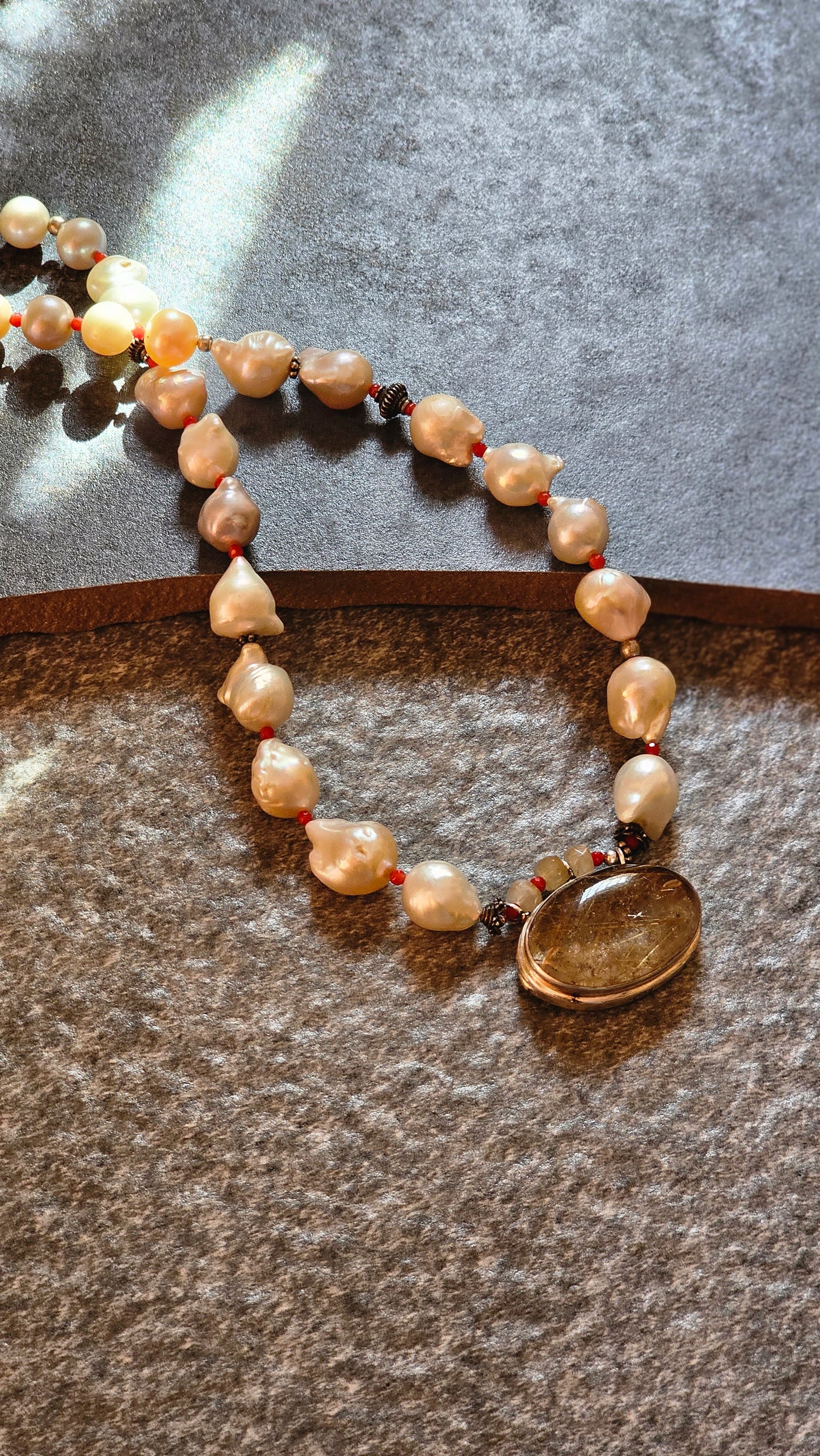 Fresh water Baroque pearls Rutilated quartz pendant necklace