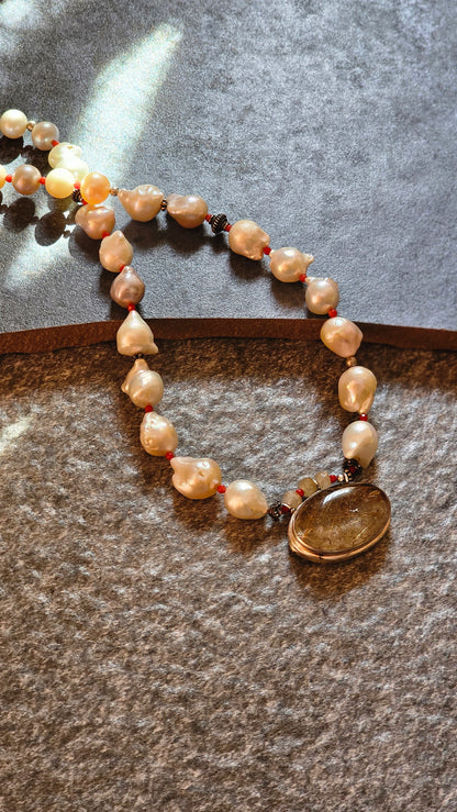 Fresh water Baroque pearls Rutilated quartz pendant necklace