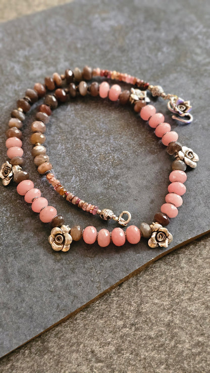 Pink Rhodocrhrosite and Chocolate Moonstone hill tribe silver rosette necklace