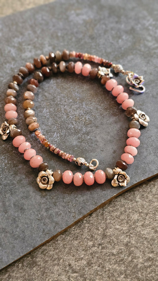 Pink Rhodocrhrosite and Chocolate Moonstone hill tribe silver rosette necklace