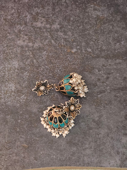 Turquoise and lapis lazuli fusion silver jhumkas