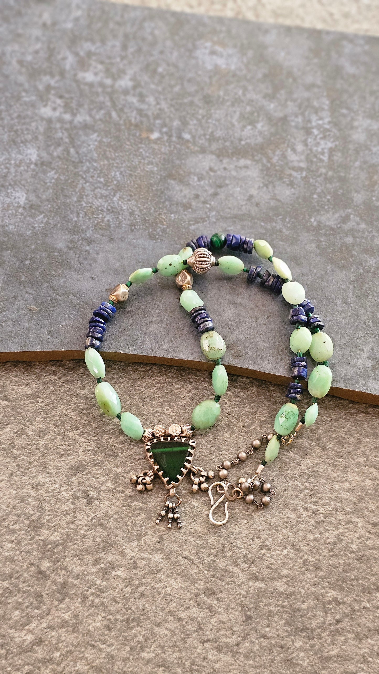 Lapis and Chrysoprace necklace with vintage glass pendant
