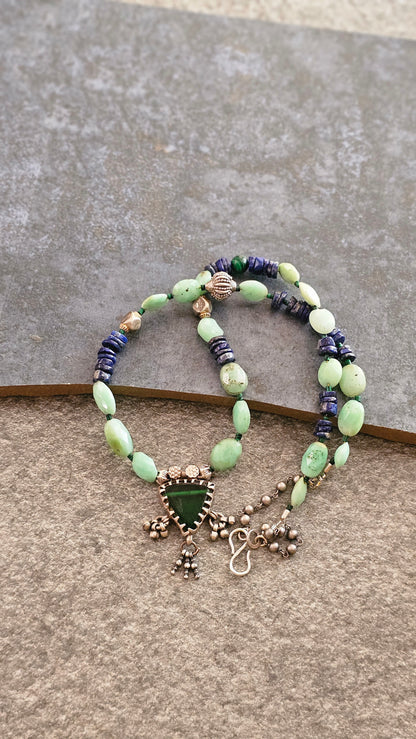 Lapis and Chrysoprace necklace with vintage glass pendant