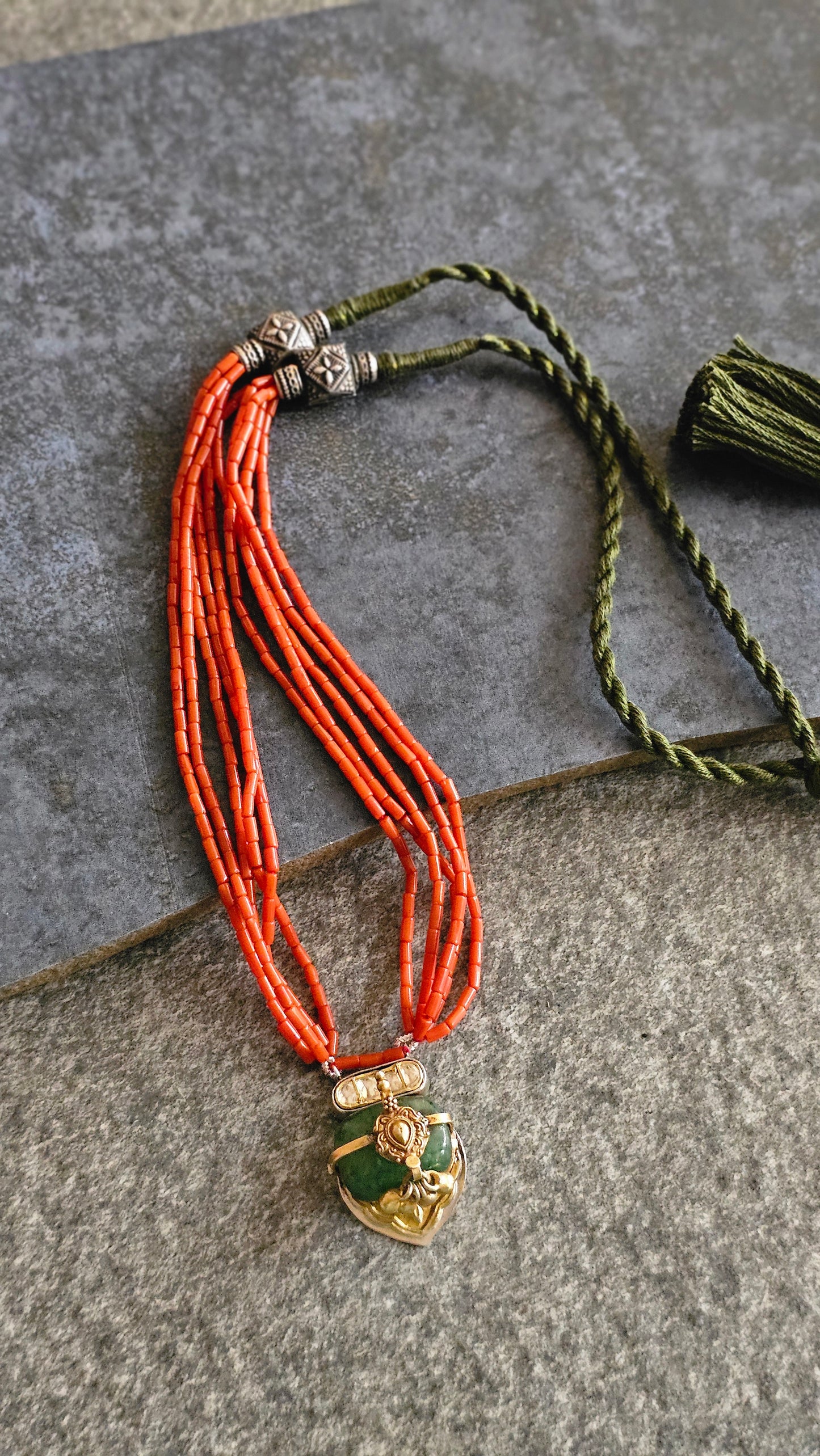 Italian Coral strings necklace with emerald tumble