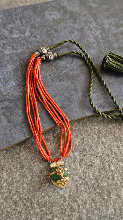 Italian Coral strings necklace with emerald tumble