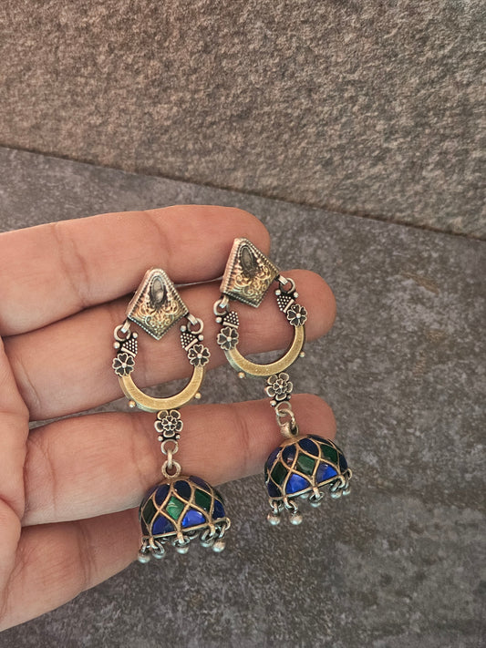 Kundan two tone silver fusion jhumkas