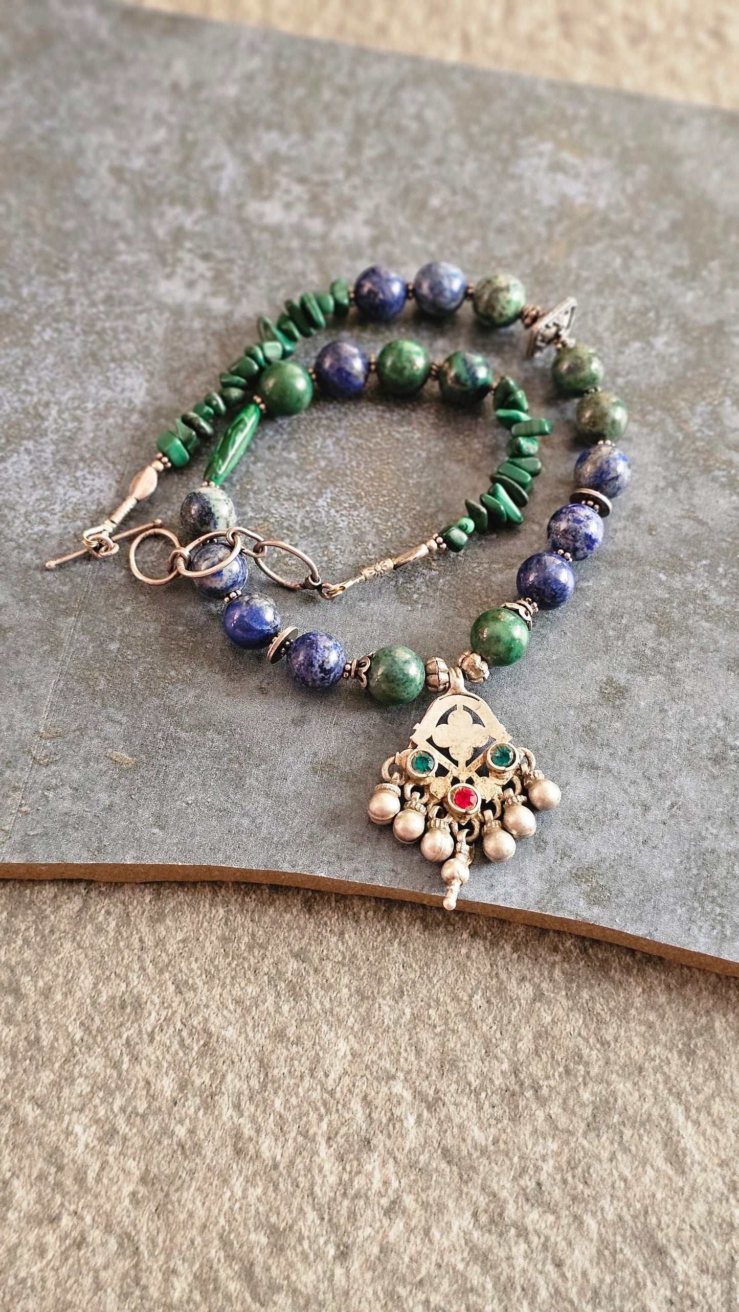Azurite Malachite gemstone necklace vintage pendant