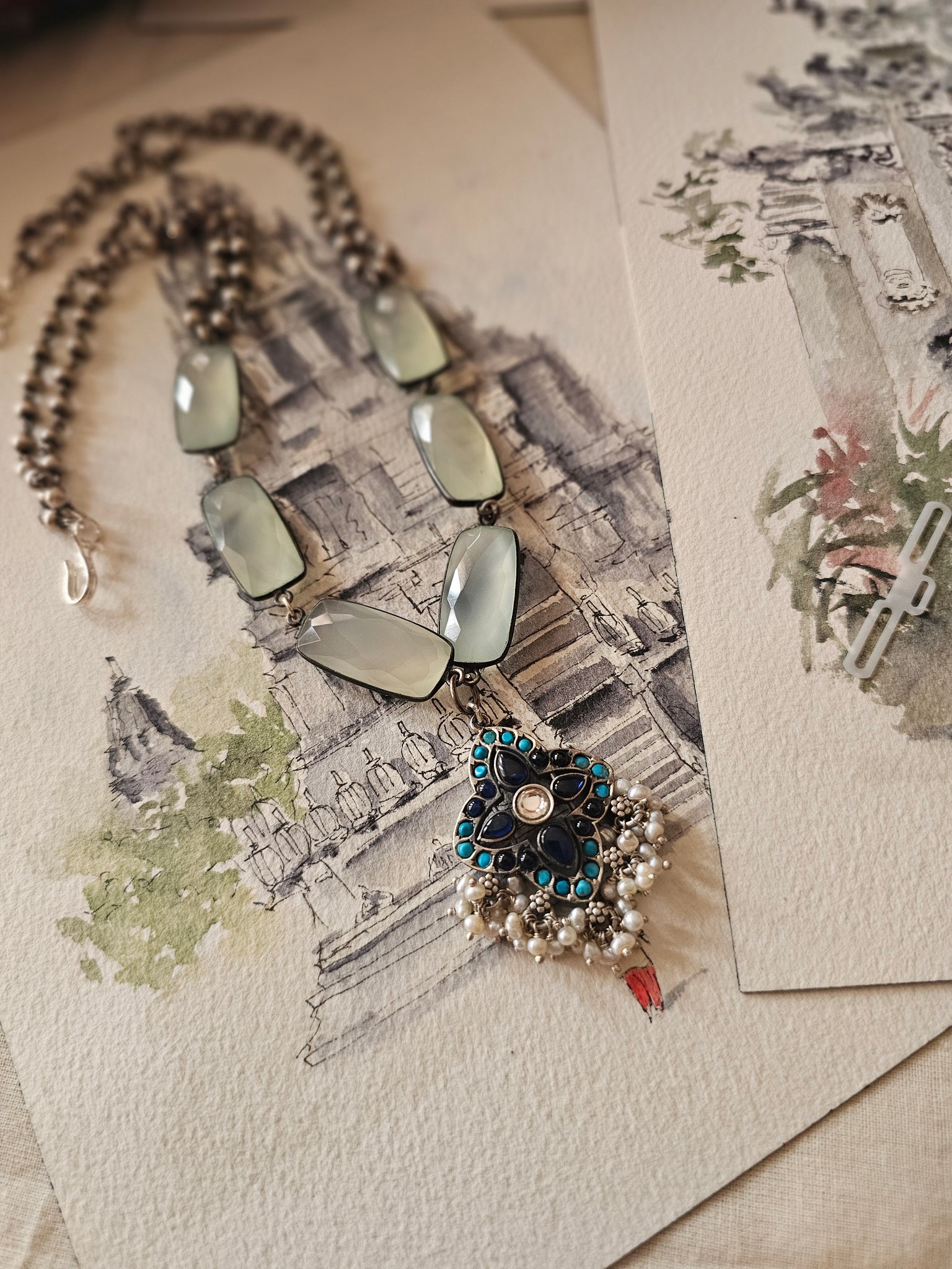 92.5 Silver Fusion Pendant with Blue Kemp, Turquoise & Pearls on Aquamarine Ball Chain