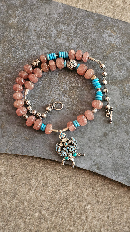 Peach Strawberry Quartz & Turquoise Peacock Pendant Necklace (92.5 Silver)