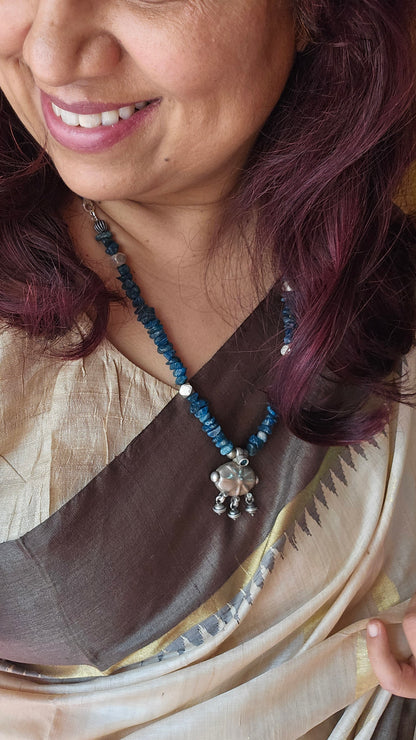 Apatite Blue Necklace with Vintage Silver Pendant & Adjustable Tassel