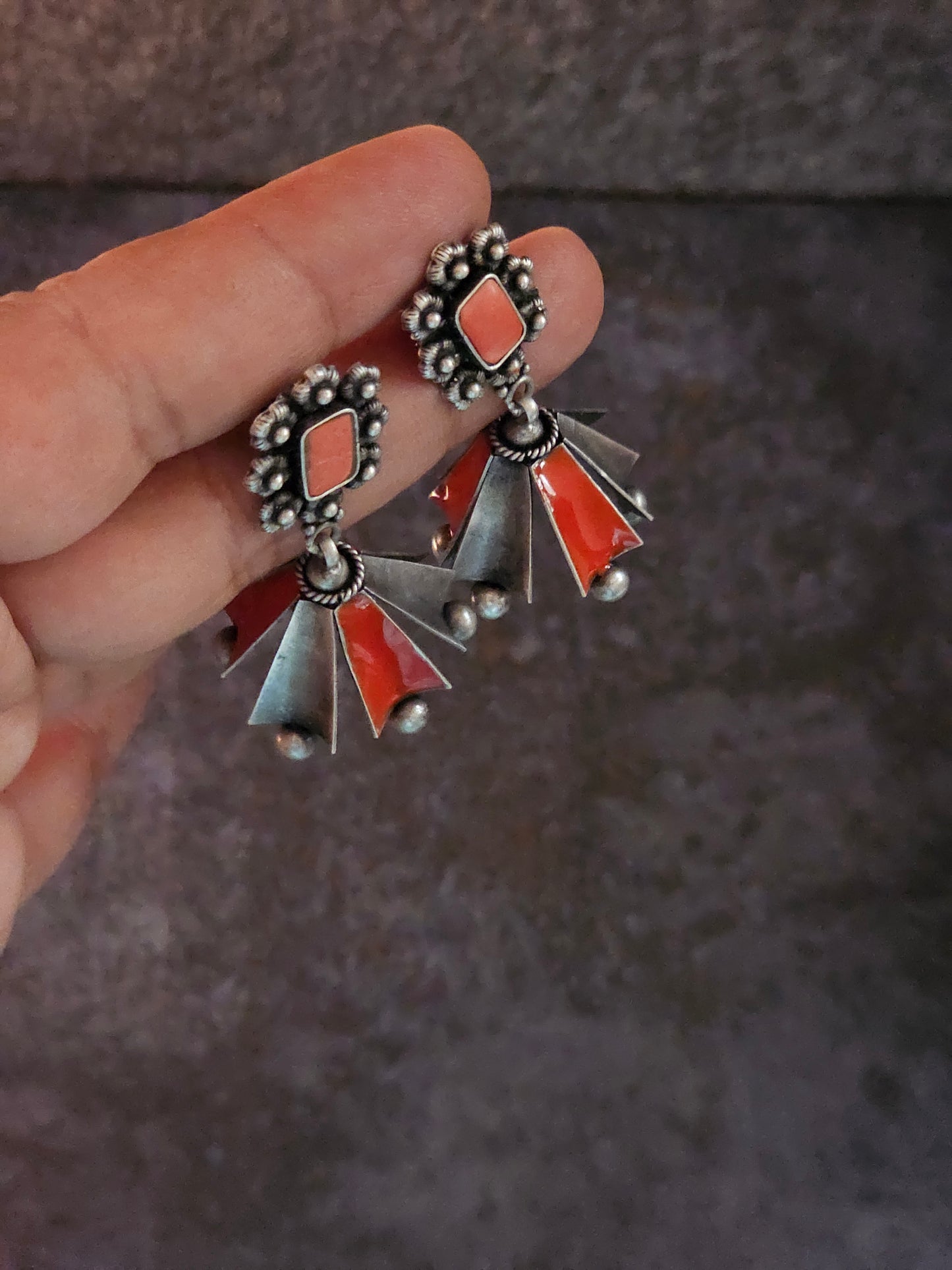 Coral and enamel silver fusion jhumkas