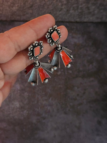 Coral and enamel silver fusion jhumkas
