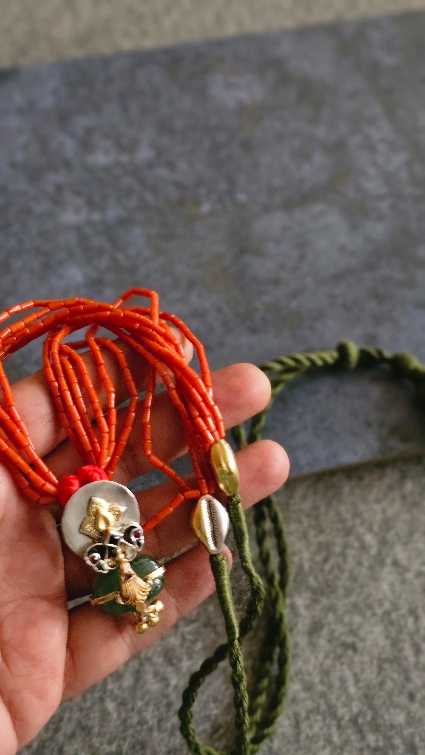 Italian Coral necklace with emerald tumble