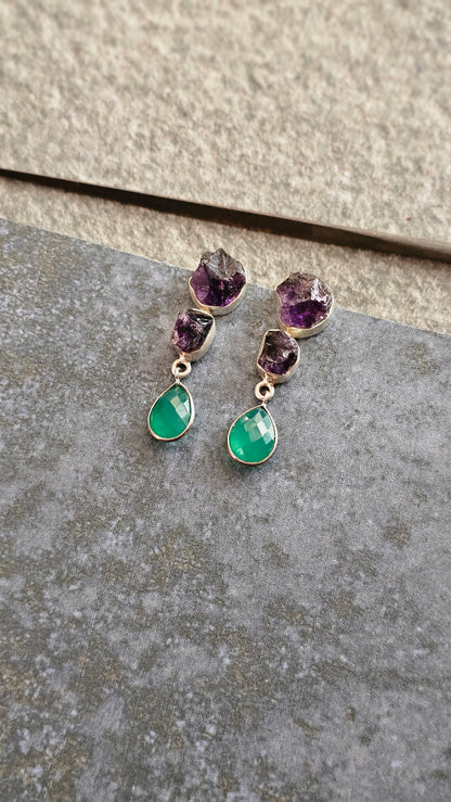 Aranya – Rough Amethyst & Green Onyx Earrings