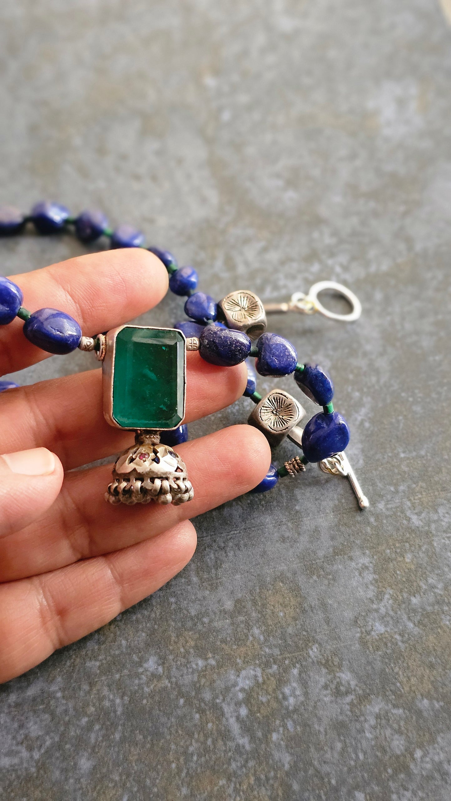 Lapis lazuli nuggets necklace vintage silver pendant